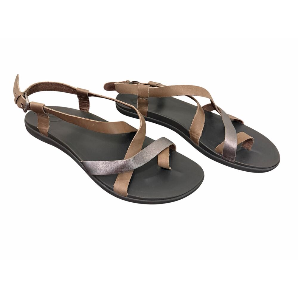 Olukai Upena Strappy Leather Beach Sandals Brown Silver Women’s 10 Sunmer Resort - Picture 2 of 7